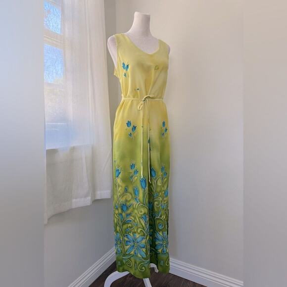 Vintage Y2K California Concepts Yellow Floral Print Sleeveless Belted Maxi Dress - Picture 5 of 8
